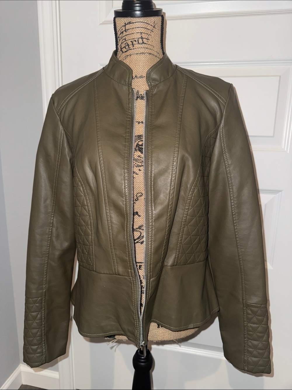 Baccini Olive Green Quilted-Panel Leather Jacket